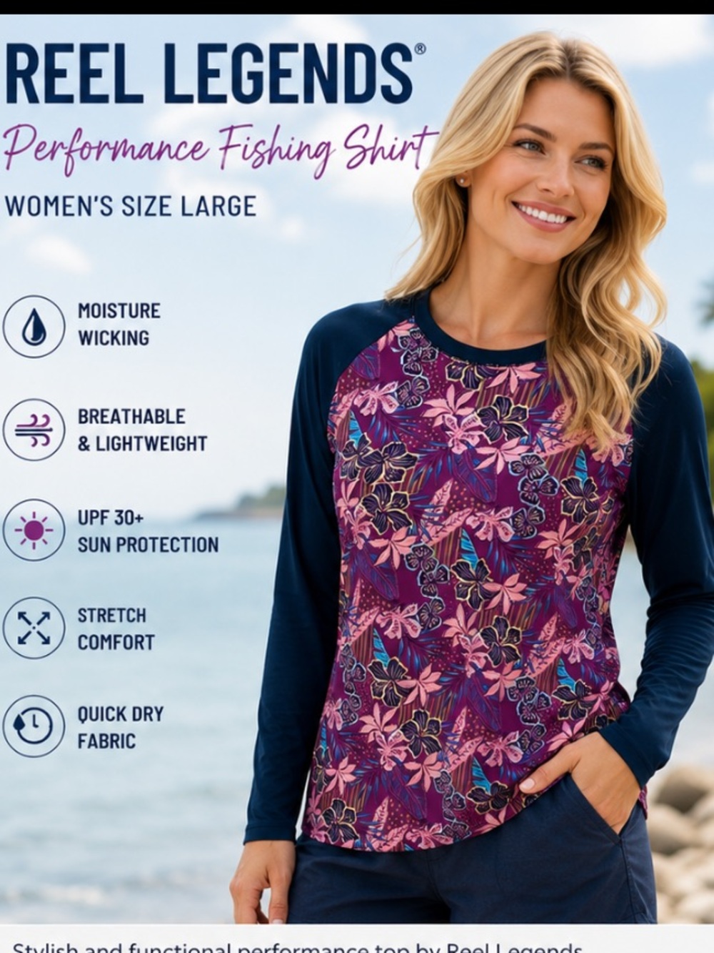 Reel Legends Purple Floral Long Sleeve Performance Fishing Shirt Womens L
